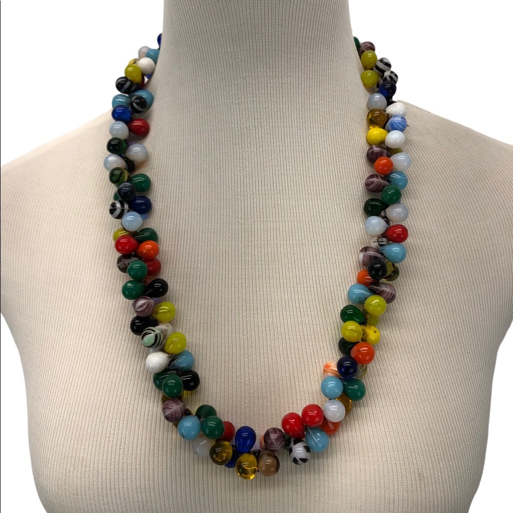 Vintage Fun Colorful Glass Beaded Tear Drop Cluster Necklace Statement Bohemian
